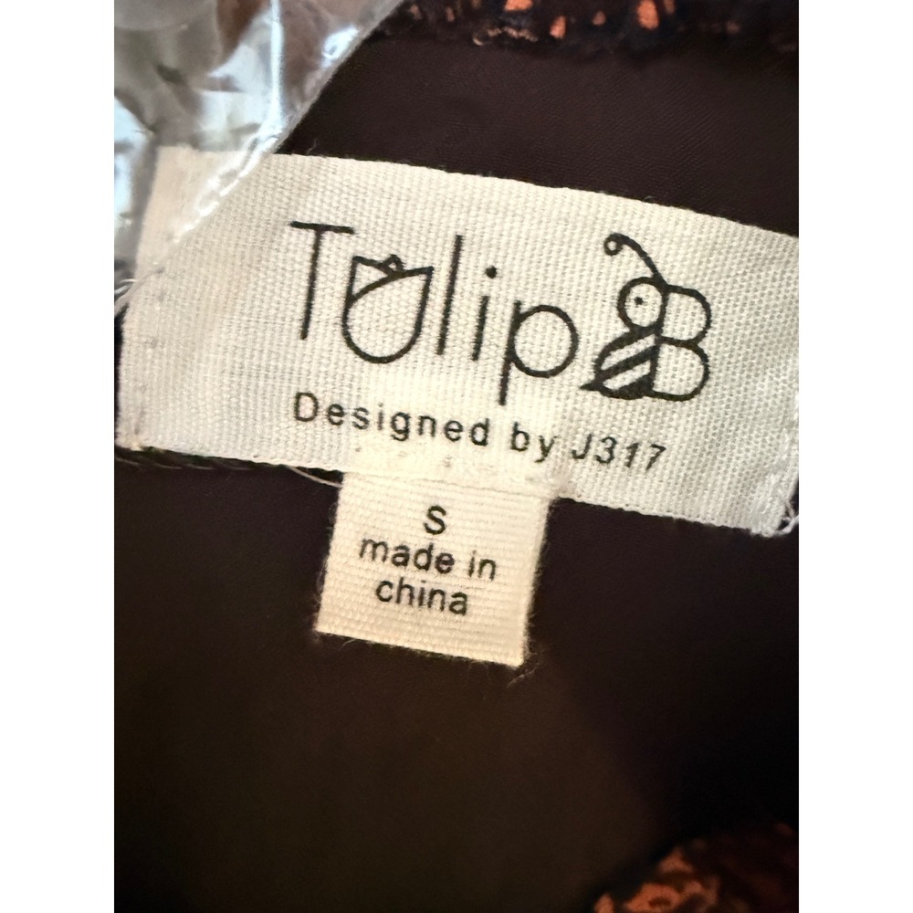 NWT Boho Navy Rust Midi Dress Ruffle Neck Puff Sleeve Cottagecore S Tulip B - Picture 4 of 8